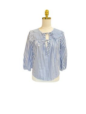 GAP Striped Blouse XS Blue White Tie Neck Peasant Top 3/4 Sleeve
